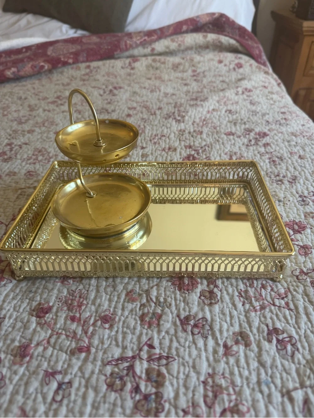 Gold Decorative Vanity Tray and Two-Tier Stand - Elegant Home Bath Accent